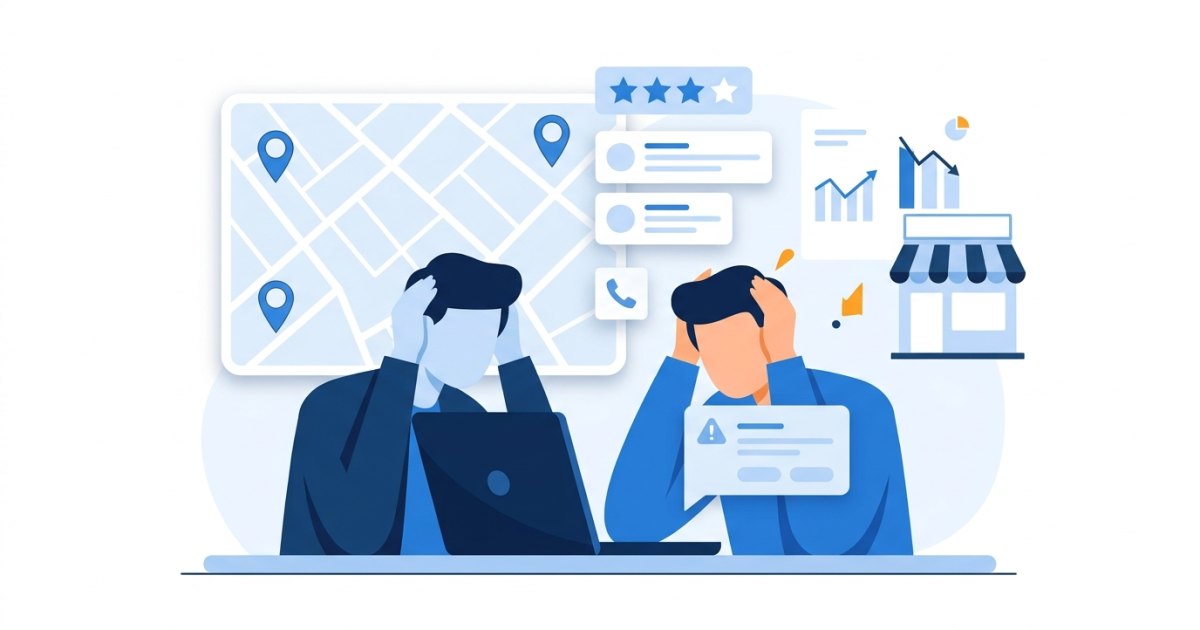 Askıya alınan Google işletme profili uyarısını gösteren bir bilgisayar ekranı ve endişeli işletme sahibi.